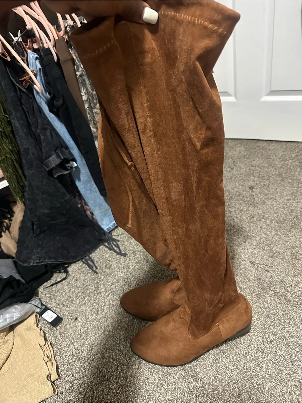 JustFab Women's wide calf Over-the-Knee Suede Boots in Cognac Brown